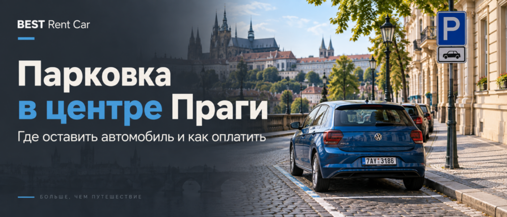 Синий автомобиль припаркован у тротуара рядом со знаком парковки на фоне исторической Праги.