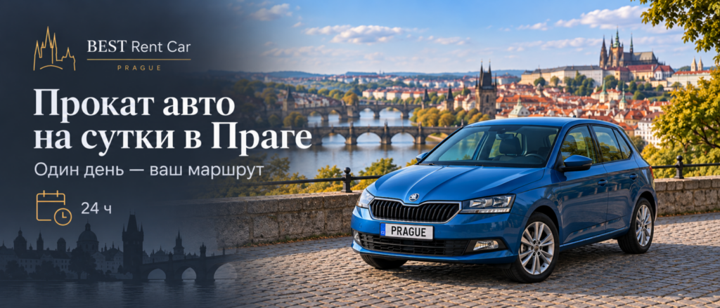 Синий автомобиль Škoda на фоне Праги — прокат авто на сутки