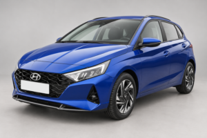 Синий Hyundai i20, вид спереди и сбоку на светлом фоне.