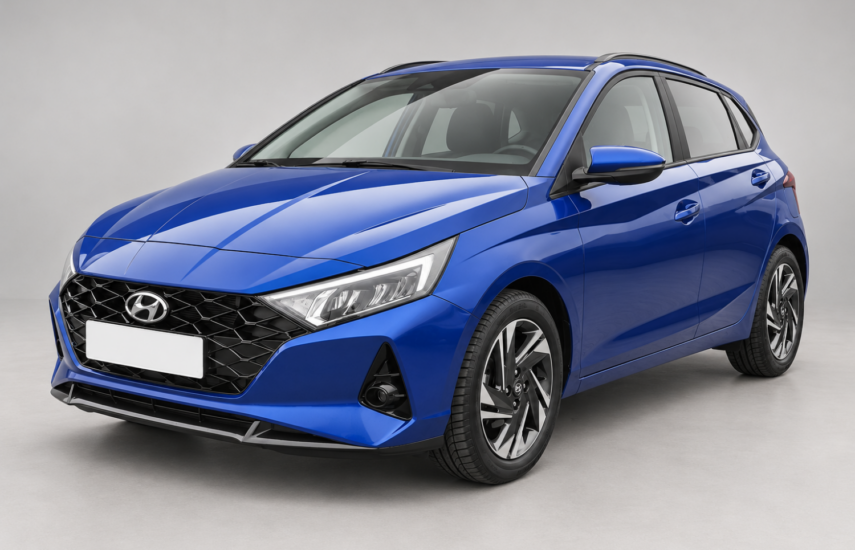 Синий Hyundai i20, вид спереди и сбоку на светлом фоне.