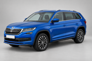 Синий кроссовер Škoda Kodiaq с рейлингами, вид спереди и сбоку.