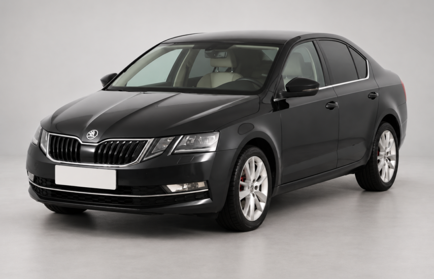 Чёрная Škoda Octavia, вид спереди и сбоку на светлом фоне.