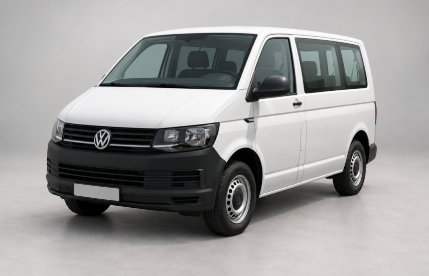 Белый пассажирский Volkswagen Transporter с чёрными бамперами.