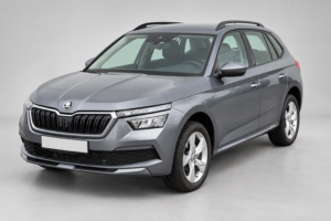 Серый кроссовер Škoda Kamiq с рейлингами на крыше.