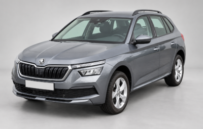Серый кроссовер Škoda Kamiq с рейлингами на крыше.