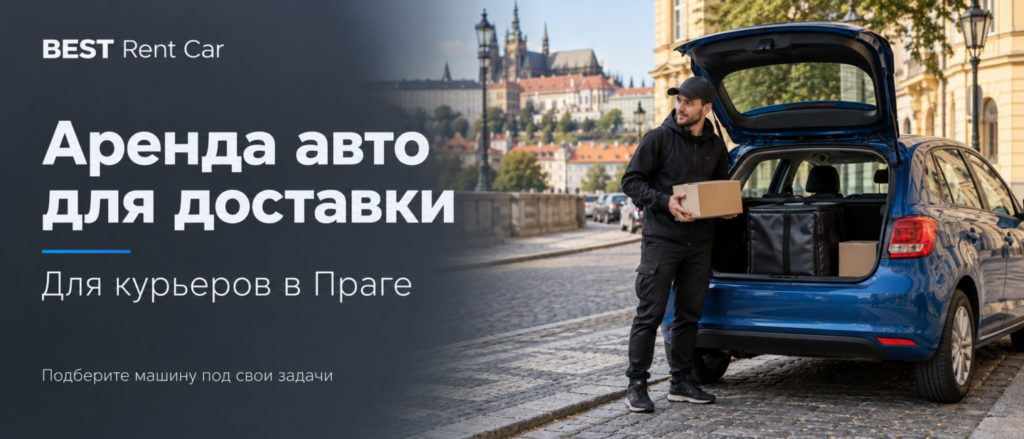 Курьер с посылкой у открытого багажника синего автомобиля в Праге
