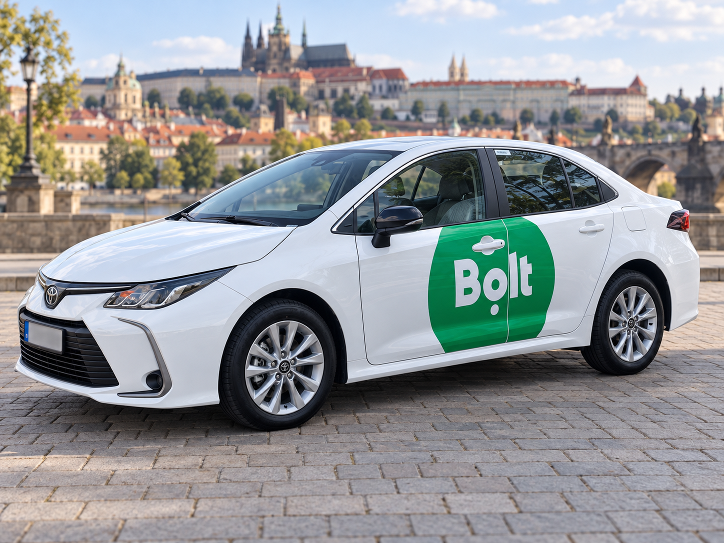 Bílá Toyota Corolla k pronájmu pro taxislužbu v Praze