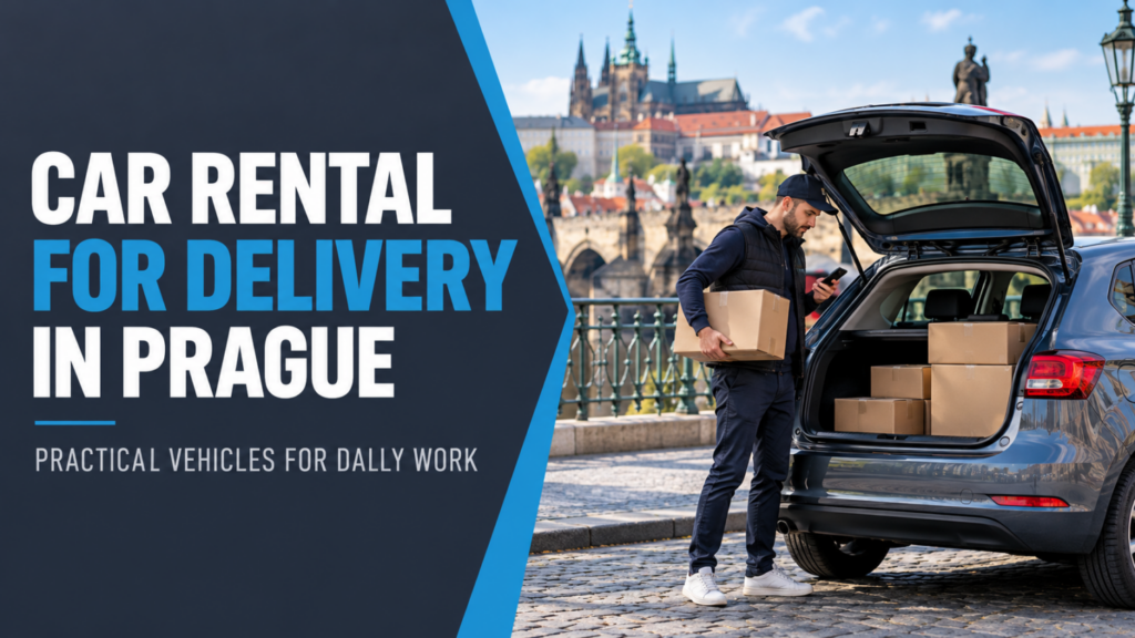 Courier loading parcels into a rental car for delivery work in Prague