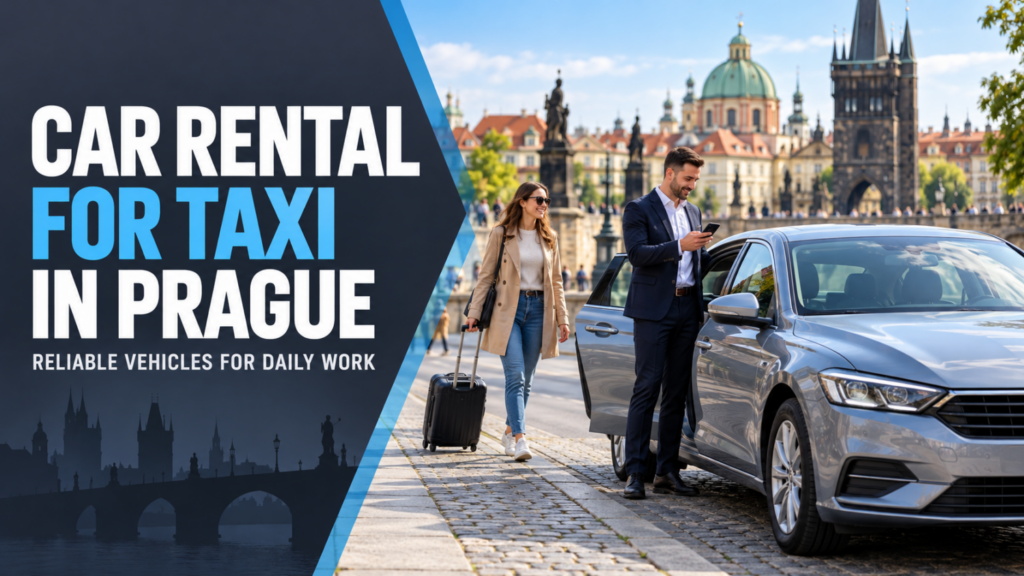 Taxi driver with a smartphone and passenger beside a rental car in Prague