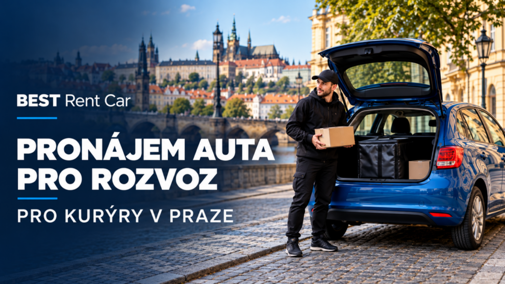 Kurýr s balíkem u modrého auta k pronájmu pro rozvoz v Praze